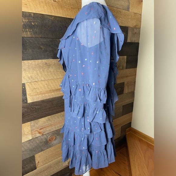 Rebecca Taylor 100% Silk Ruffle Mini Dress Glitter Gem Blue Dot Revolve, Size 8 - Picture 2 of 11